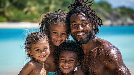 Joyful Family Posing Together on the Beach with a Beautiful Ocean Background
