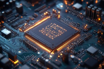 Fototapeta premium Close-up of a central processing unit (CPU) on a circuit board, glowing with orange light.