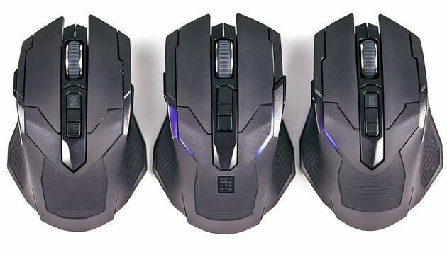 Three gaming mice, top view, white background