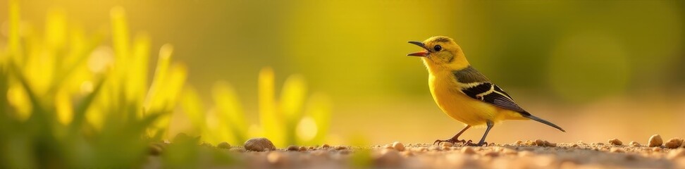 Fototapeta premium Small yellow bird, Chirihue Azafran, eats rice grains on warm spring morning , sun, feeding