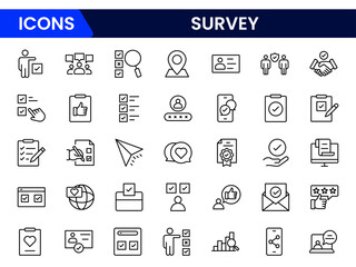 Survey icon set. Containing feedback, opinions, questionnaires, polls, research, and so on. The flat vector icon set is related to the survey—vector illustration.