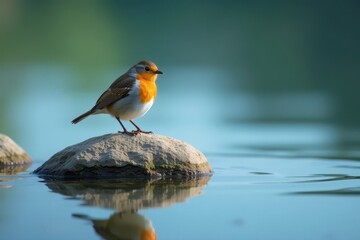 Obraz premium Small robin rests on grey lake rock, still water reflects sky , perch, animal photography, nature photography