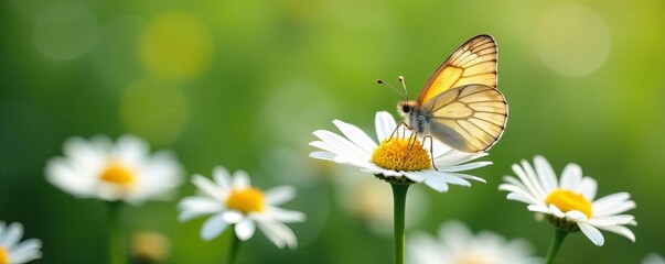 Close-up of delicate white chamomile blooms with elegant butterfly, outdoors, macro