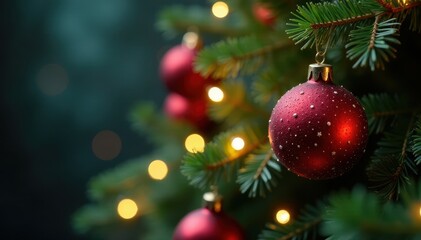 Obraz premium Sparkling ornaments adorn a spruce bough, illuminated by warm string lights , winter, pattern, tree