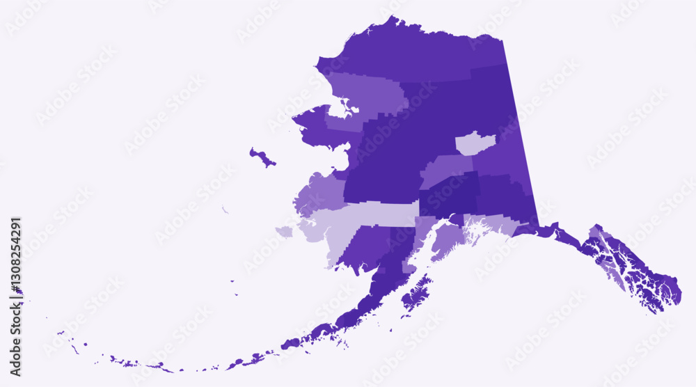 Poster map of alaska with counties. just a simple state border map with county division. deep purple color 