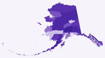 Obraz premium Map of Alaska with counties. A simple state border map with county divisions. Features a deep purple color palette. Plain State of Alaska shape with administrative division. Vector illustration.