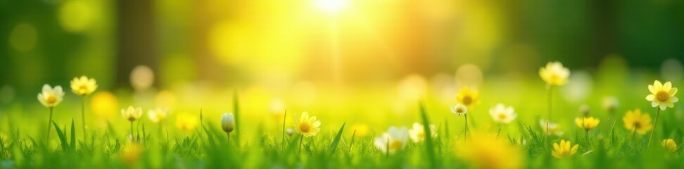Sunlit meadow, bokeh lights, blurred spring greenery , bright, vibrant, vegetation