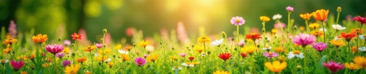 Sunlit profusion of wildflowers, diverse colors, lush green backdrop , botany, scenic