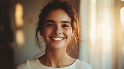Obraz premium Warm Smile of a Beautiful Woman in Soft Light, Radiating Joy and Serenity 