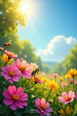 Fototapeta premium Sunlit izba, colorful flowers, busy bees, springtime , spring, idyllic
