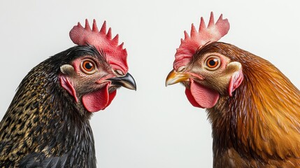 Fototapeta premium Captivating close-up of a speckled brown and black chicken, showcasing a vibrant red comb. Head tilts elegantly to the left, adding dynamic charm. 