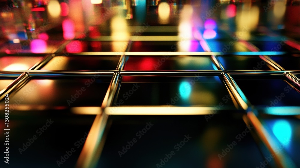 Poster geometric grid of reflective surfaces captures bright colors and lights, creating an engaging and dy