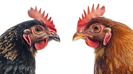 Fototapeta premium A charming brown chicken gazes leftward with a vibrant red comb, while its head tilts subtly to the right, creating an endearing portrait