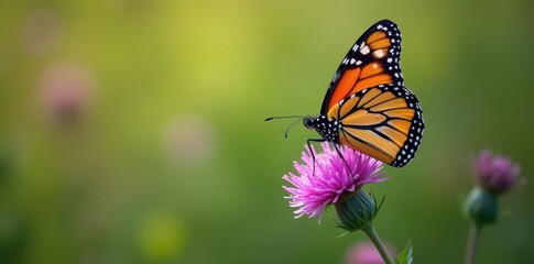 Fototapeta premium Vibrant monarch butterfly on blooming purple thistle, purple, summer, meadow