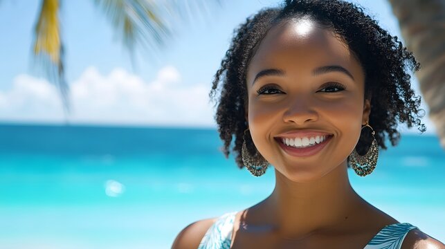 Radiant Beachside Bliss: A smiling woman exudes confidence, captured in a bright setting against a backdrop of the sea. It showcases serenity and beauty. 