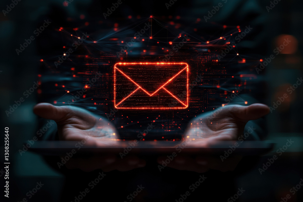 Poster conceptual representation of email security. hands on a laptop with red email icon..,