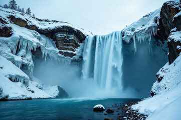 A breathtaking frozen waterfall cascading over jagged rocks, with thick ice formations surrounding the fall.  Snowy trees and a frosted landscape fill the background.  Deep depth of field, a serene an