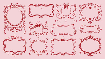 Elegant hand-drawn doodle frames with hearts, bows, and wavy lines in vintage coquette style for invitations and stationery  
