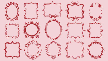 Elegant hand-drawn doodle frames with hearts, bows, and wavy lines in vintage coquette style for invitations and stationery  
