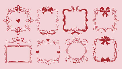 Elegant hand-drawn doodle frames with hearts, bows, and wavy lines in vintage coquette style for invitations and stationery  
