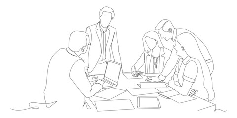 Business Team Collaboration in Modern Office — Line Art Illustration