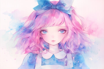 Fototapeta premium 幻想的な瞳の美少女 ピンクの髪と青い背景のコントラストが美しい水彩画