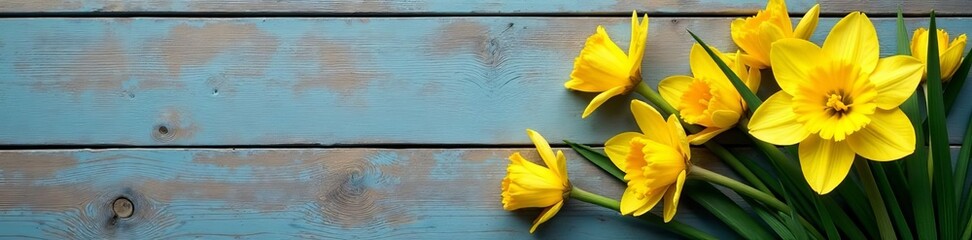 Naklejka premium Close-up of narcissus blooms in full bloom on distressed wood, nature, close-up