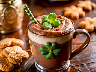 A tasty cup of hot chocolate with a green clover cookie. Delicious food and drink background