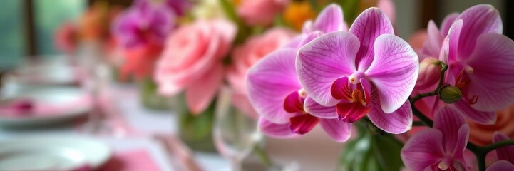 Naklejka premium Close-up of orchid flower arrangement on a beautifully decorated wedding table, event, reception, orchid