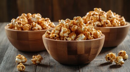 Three wooden bowls filled with caramel popcorn offer a sweet and crunchy treat, 32k Resolution