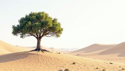 Fototapeta premium Deserted landscape with a lone tree on white background, peaceful, serene