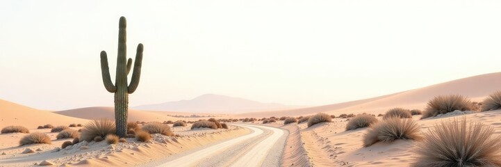 Desert landscape with cactus on white background, solitude, cactus