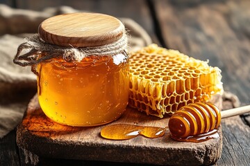 A jar of golden honey with a wooden lid rests beside a honeycomb on a wooden board, a honey dipper coated in dripping honey completes the scene. , 32k Resolution