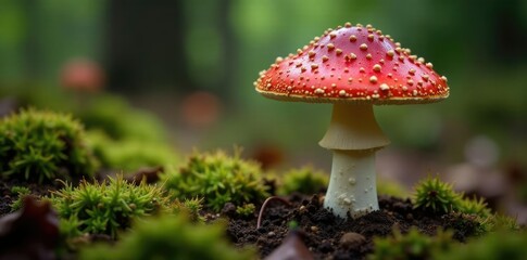 Fototapeta premium Forest floor detail with red amanita mushroom, fungal species, forest floor