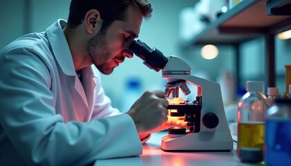 Close-up shot of researcher examining specimen under microscope in laboratory, biology, analysis, study