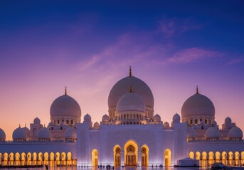 Majestic mosque at sunset reflection in water