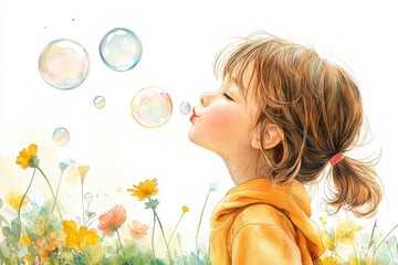 Young Girl Blowing Bubbles In Wildflower Field