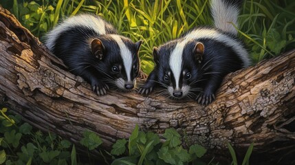 Obraz premium Two skunks locked in an intricate dance atop a gnarled tree trunk; their faces tilt slightly as they peer into one another’s eyes, creating a captivating and mysterious tableau illuminated by soft oil