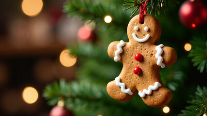 A detailed gingerbread man ornament, intricately decorated with white icing details, hanging from a decorated Christmas tree with warm, inviting lights.  The scene evokes the spirit of Christmas and N
