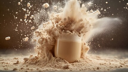 Explosive Culinary Art: Capturing a dramatic moment of a beverage surrounded by a burst of food powder, showcasing the textures and dynamic motion within the culinary arts. 