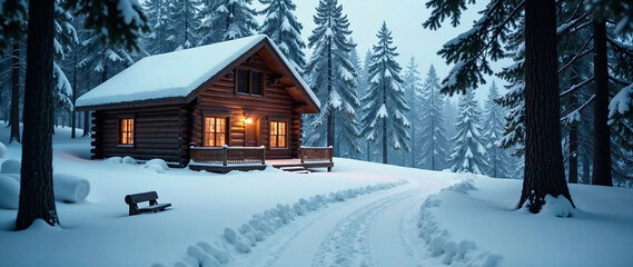 A log cabin nestled in a snowy forest, with a snow-covered driveway leading to the front door.  Deep, atmospheric lighting, a peaceful and cozy vibe, realistic style, high quality, detailed,  depth of