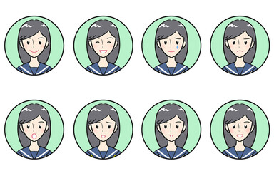 Fototapeta premium 女子学生の喜怒哀楽・様々な表情のアイコンセット グリーン
