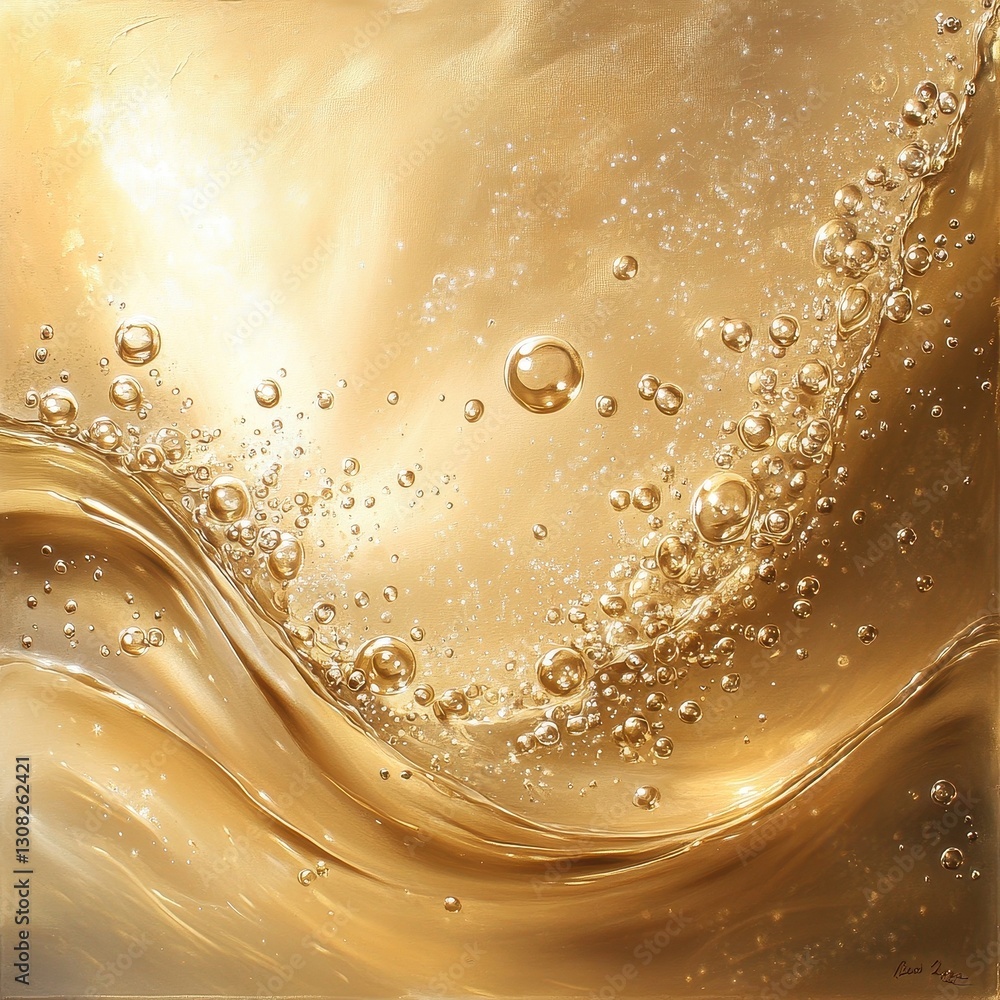 Poster a close-up shot captures a shimmering gold liquid, filled with tiny, effervescent bubbles rising to 