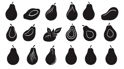 Collection of Black Silhouette Avocados and Pears