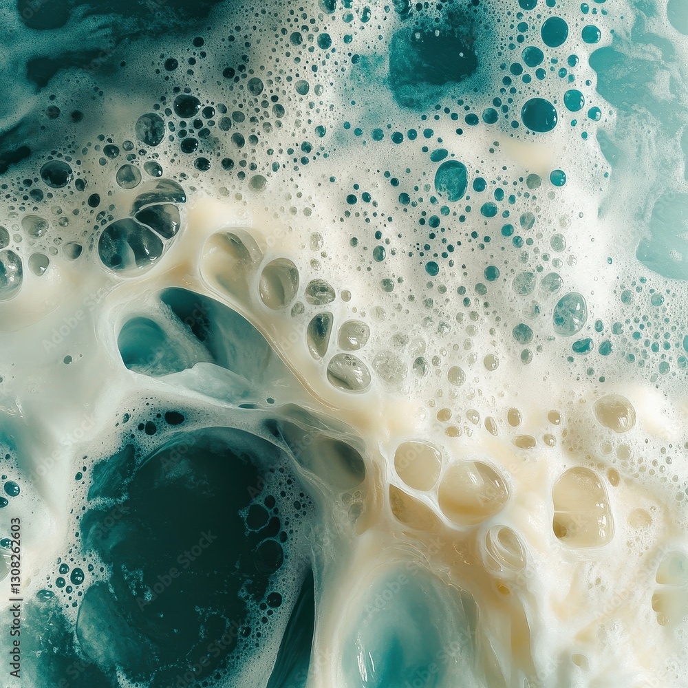 Poster a close-up view of a frothy surface, showcasing an array of delicate bubbles of varying sizes, glist