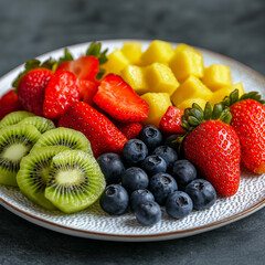 Obraz premium Fresh fruit platter with strawberries, kiwi, blueberries, and pineapple, showcasing vibrant colors and textures, perfect for healthy snack or dessert