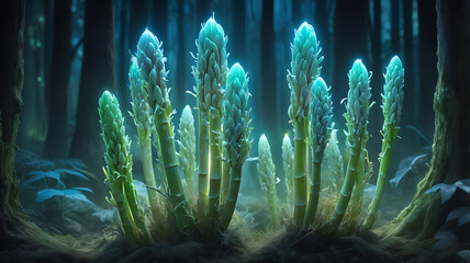 Obraz premium Glowing asparagus spears emerging from a mystical forest setting, surrounded by ethereal light
