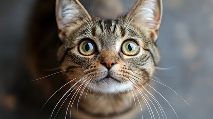 A tabby cat gazes softly, with warm light-brown fur framing emerald-green eyes. Its dark-brown nose contrasts subtly against delicate, twitching whiskers in an intimate close-up