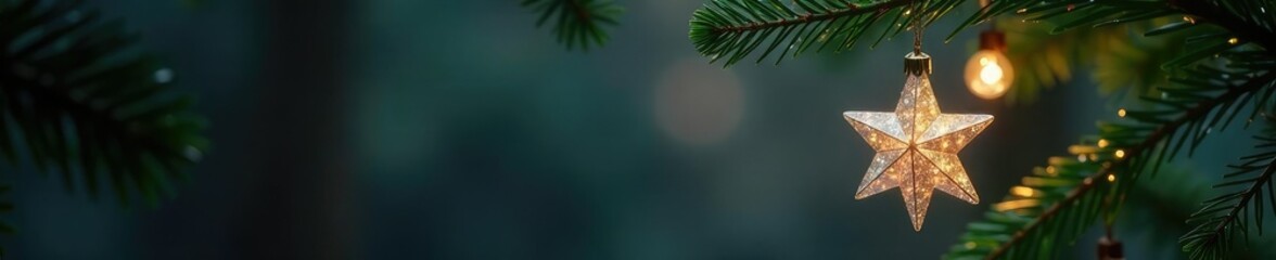 Sparkly star-shaped ornament hanging from a green branch, color-changing, tree