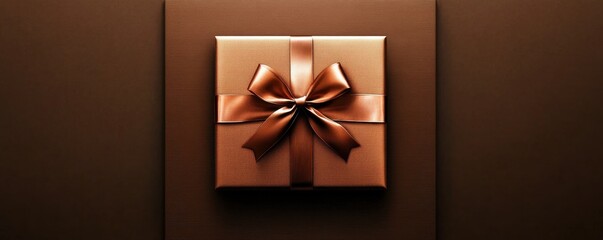 A beautifully wrapped brown gift box adorned with a matching brown bow sits elegantly on a rustic wooden surface, exuding warmth and charm, perfect for any special occasion.